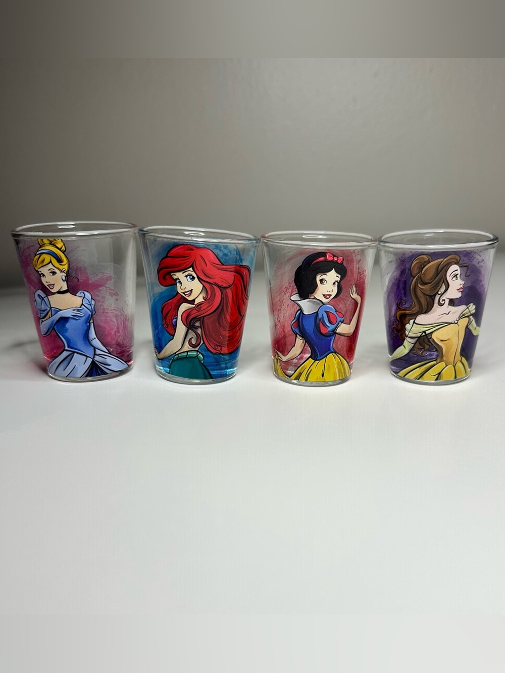 Disney Princess Shot Glasses GlassWare Set NWT in box with colorful background
